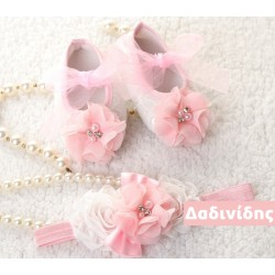 Παπουτσάκι βρεφικό δαντέλα λευκό-ρόζ ΠΑΚ558