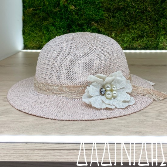 Καπέλο ψάθινο με στρας και λουλούδι ΚΑΠ123