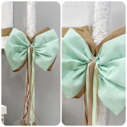 Λαμπάδα προσφορά με φιόγκο με λινάτσα και βεραμάν ύφασμα ΛΑΜΠ179